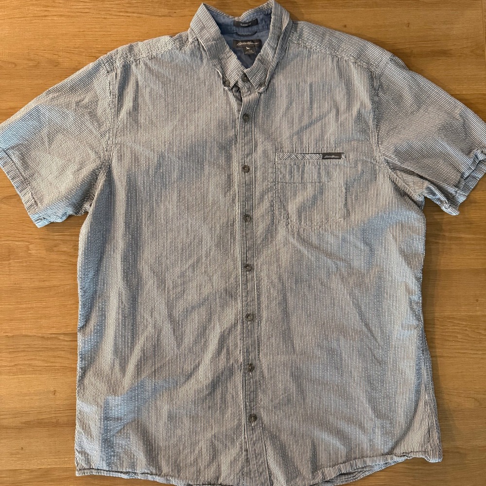 Eddie Bauer Mens Blue White Striped Short Sleeve Button Down Shirt TXL Classic